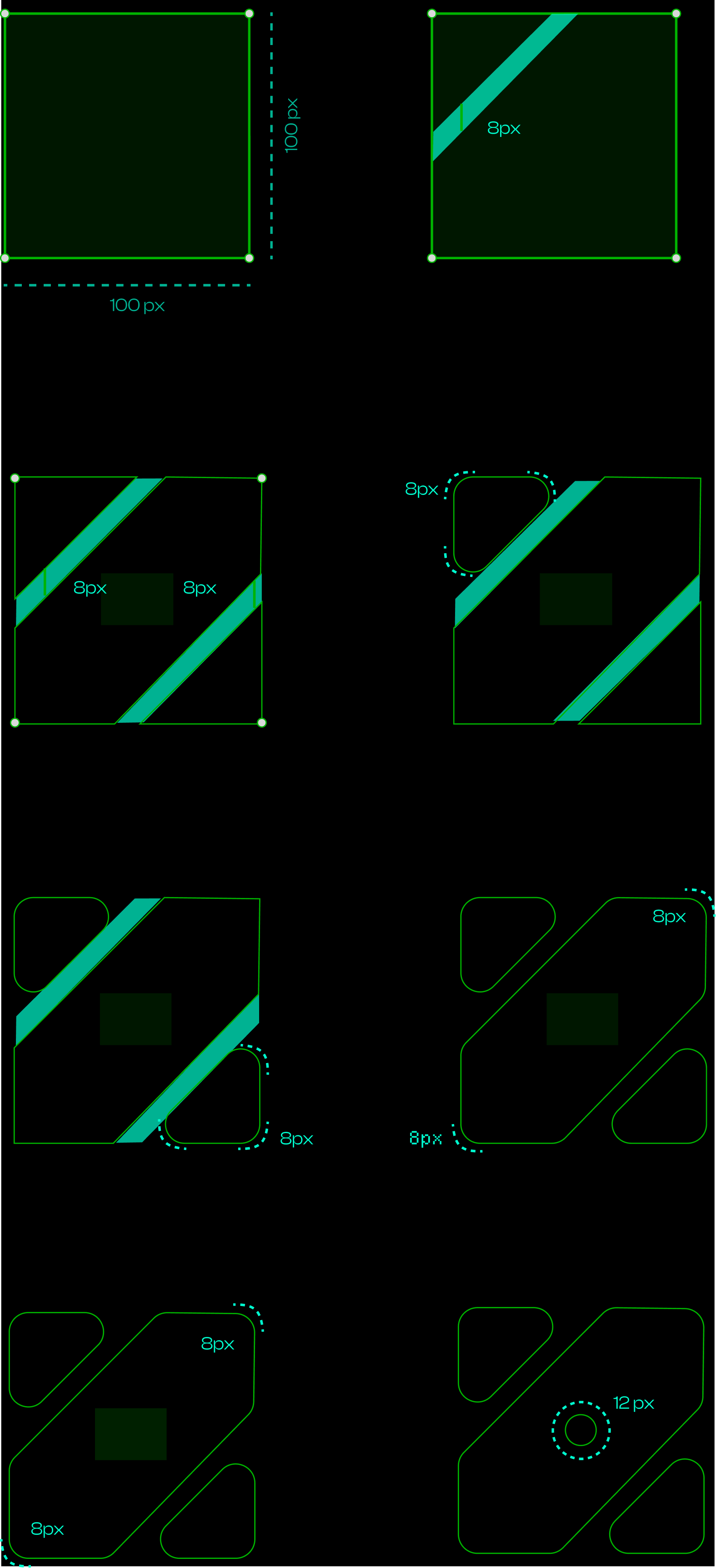 Construction of the ZenMode mark: a 100px square, an 8px diagonal cut, 8px corner radii and a 12px dot
