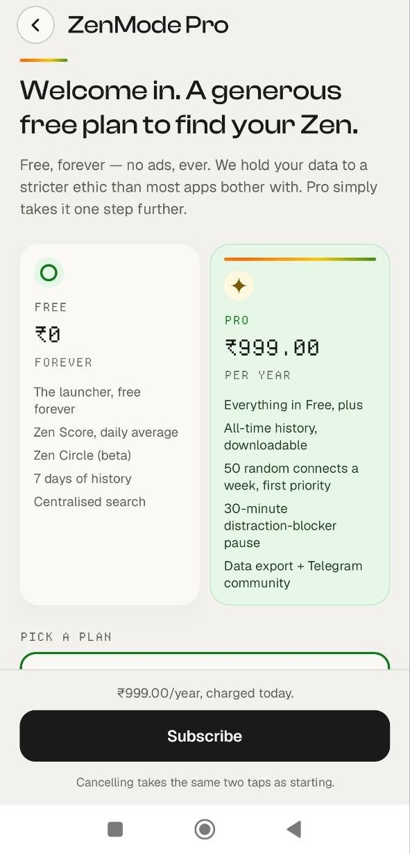 The ZenMode Pro page comparing the Free and Pro plans, with the Subscribe button at the bottom.