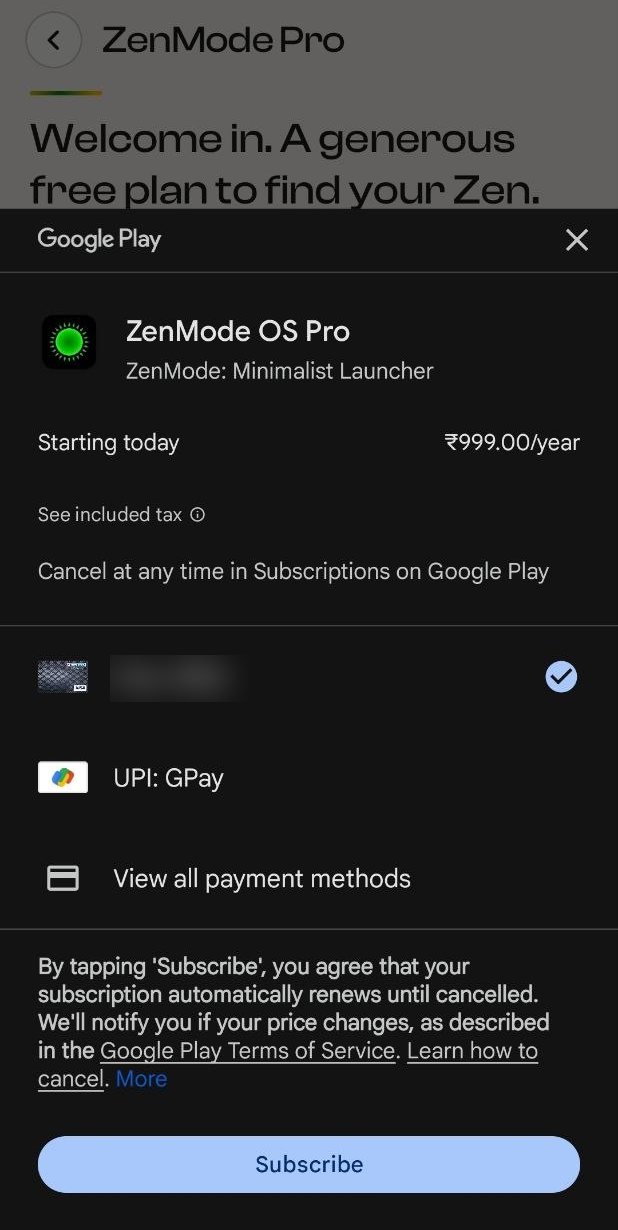 The Google Play checkout sheet for ZenMode OS Pro, listing payment methods.