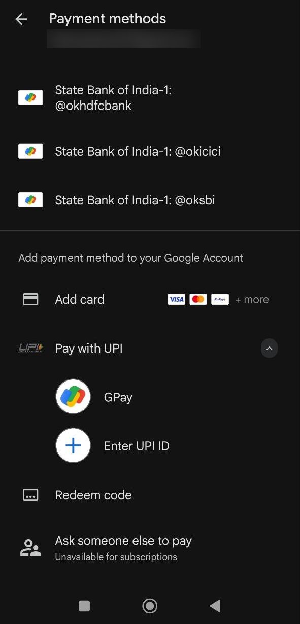 Google Play payment methods list, with Redeem code near the bottom.
